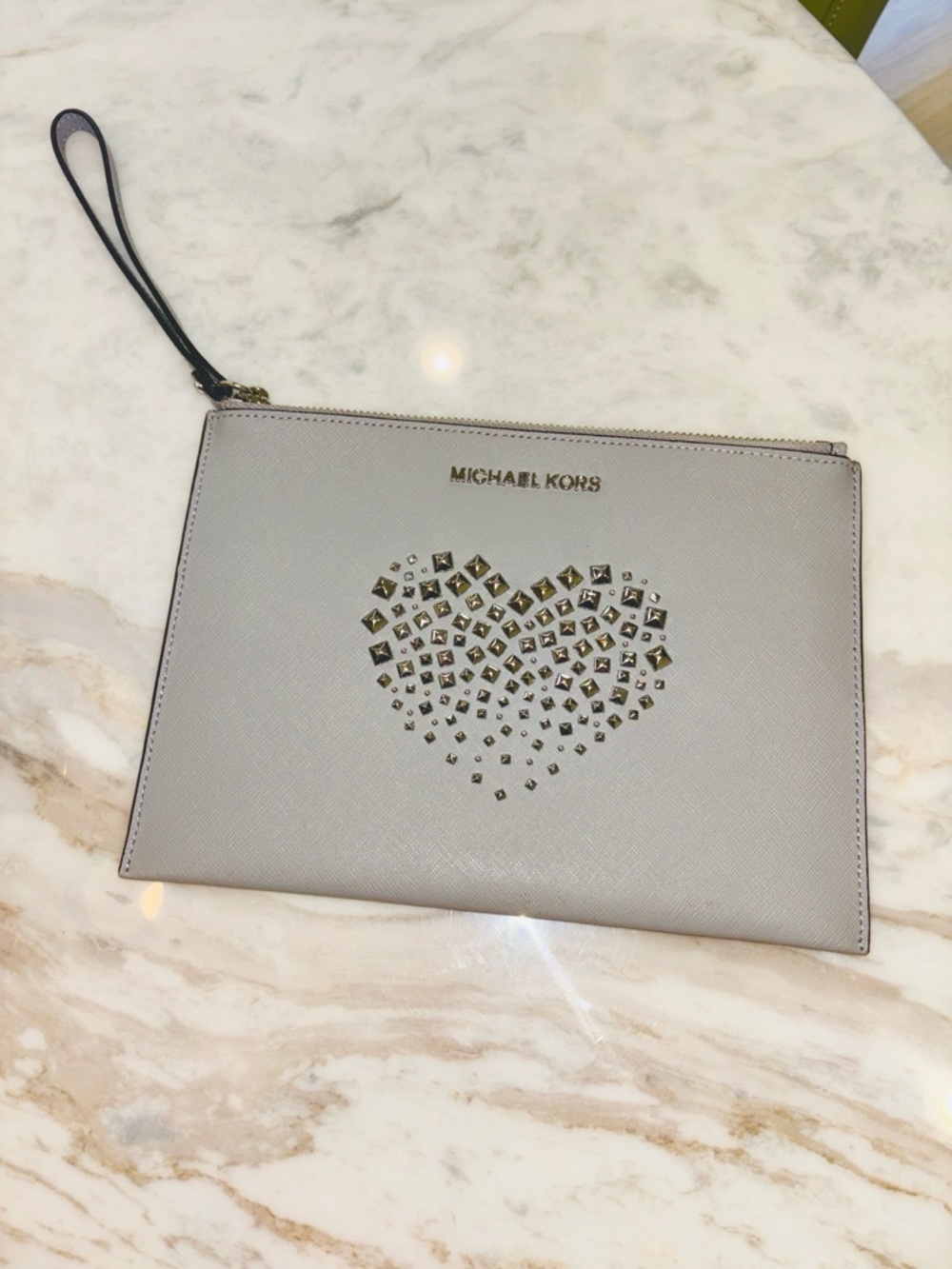 Michael Kors Light Gray Wristlet with Silver Heart Studs